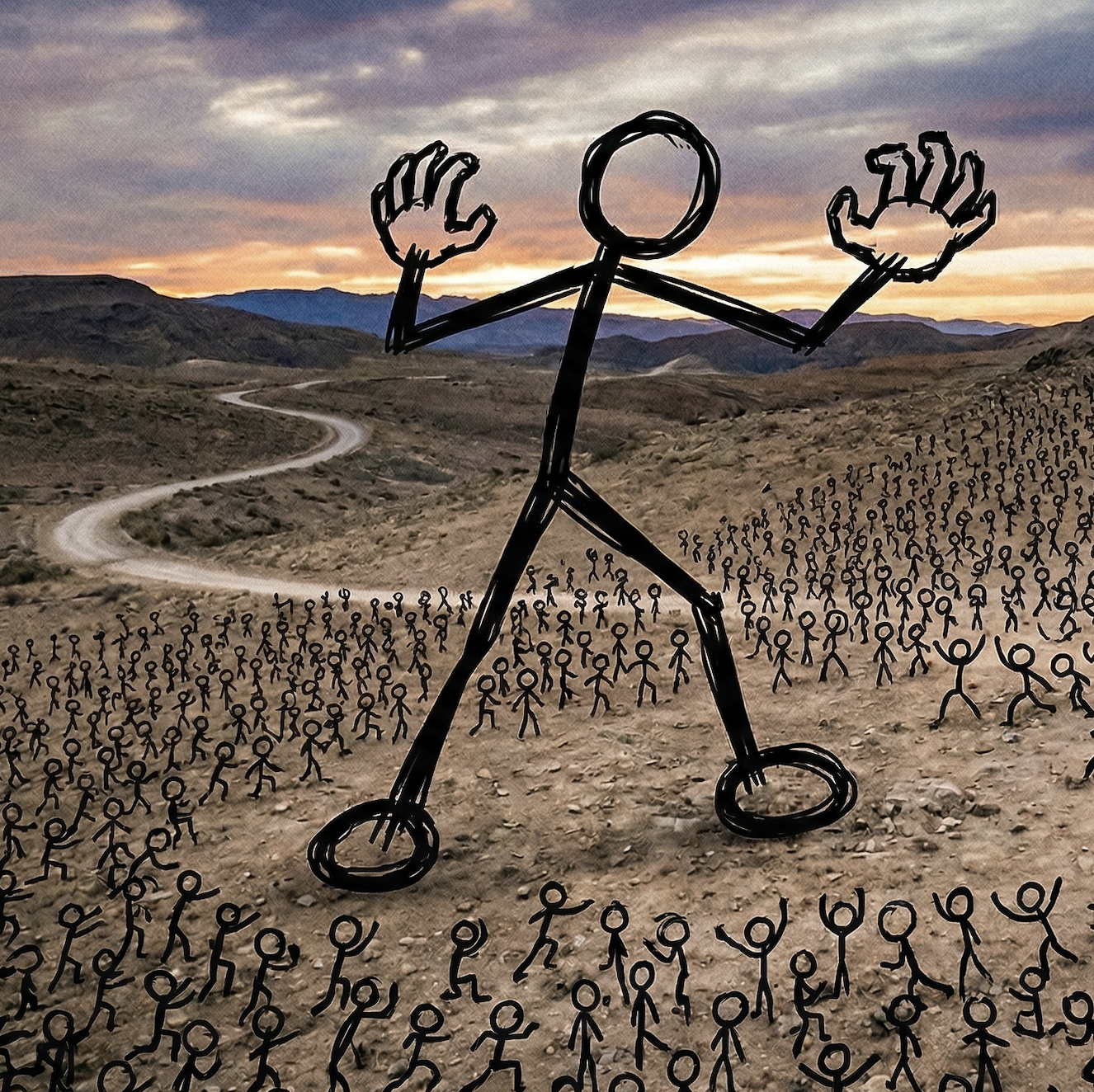 A conceptual landscape featuring a giant "Macro-Influencer" stick figure looming over a massive, disconnected crowd. The image visually contrasts the impersonal scale of massive accounts with the targeted, community-driven relevance that nano-influencers provide